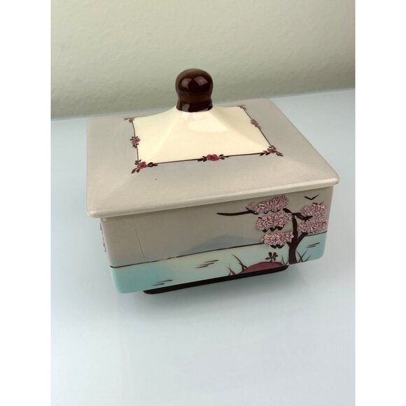 Weil Ware Oriental Cherry Blossom Ceramic Lidded Trinket Box Square Flaws READ - Picture 9 of 16